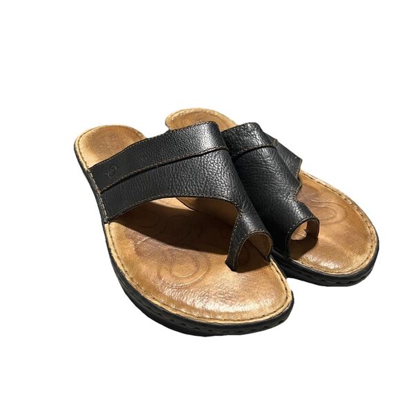 Born Black Leather Minimalist Wedge Sandals Toe Ring Loop Womens Size 10 - Picture 1 of 11